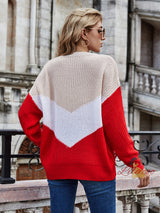 Women Tri-color Matching Sweater