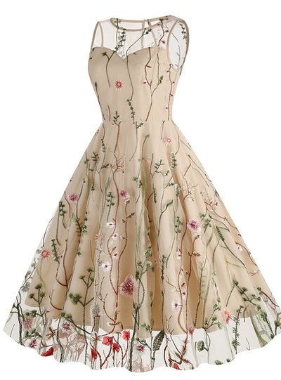 Round Neck Sleeveless Embroidered 50S Dress