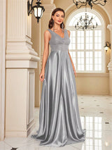 Deep V-neck Satin Sequins Prom Dress