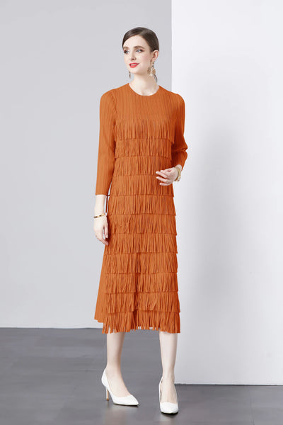 Long Sleeve Cake Pleated Fringed Dress