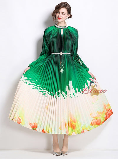 Nail Bead Printed Pleated Pearl Dress