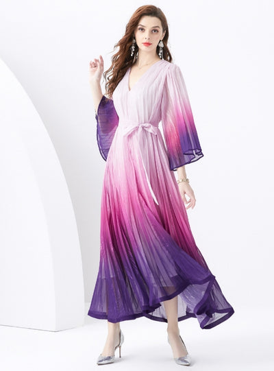 V-neck Flared Sleeve Long Gradient Print Dress