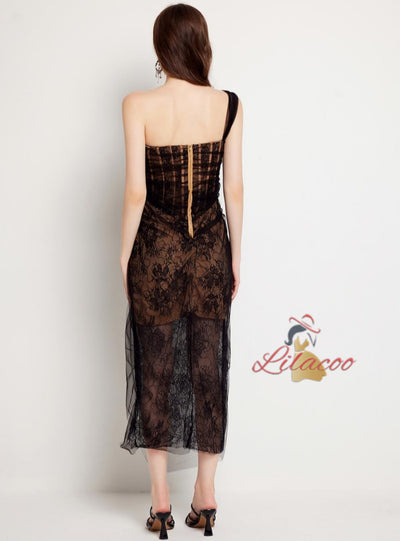 Lace Bead Mesh Slit Slim Dress