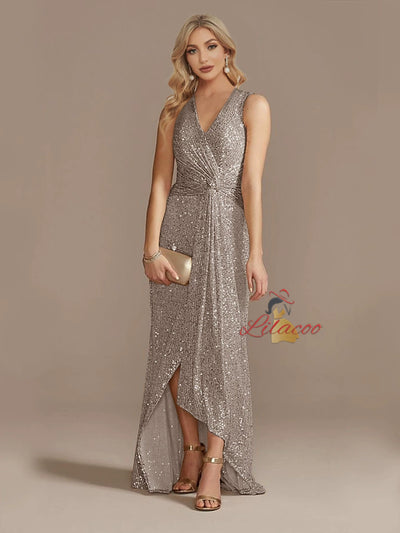 Champagne Sequins V-neck Split Prom Dress