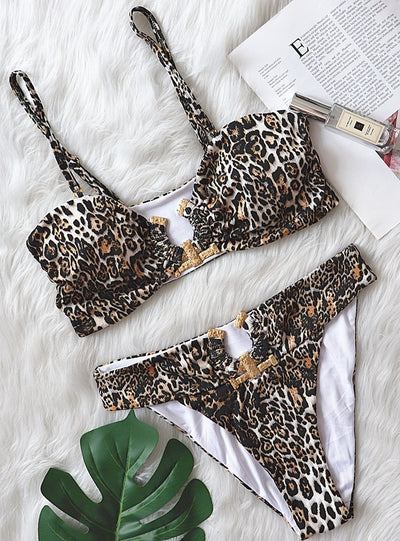 Sexy Leopard Print High Waist Metal Accessories Swimsuit