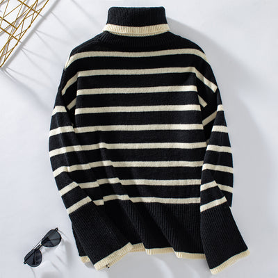 Lapel Striped High Neck Sweater