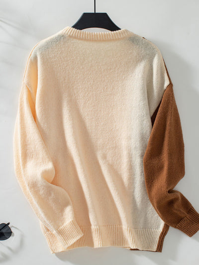 Contrast Round Neck Twisted Long Sleeve Sweater