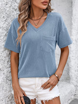 V-neck Twisted Strip Color Matching Short Sleeve T-shirt