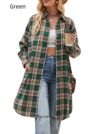 Fashion Loose Long Trench Coat Plaid Shirt