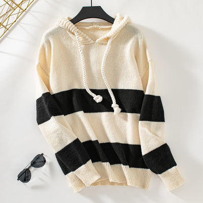 Loose Casual Hooded Contrast Pullover Sweater