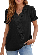 Chiffon Wool Ball Lace V-neck Short Sleeve Shirt