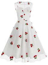 Cherry Round Neck Gauze Retro Dress