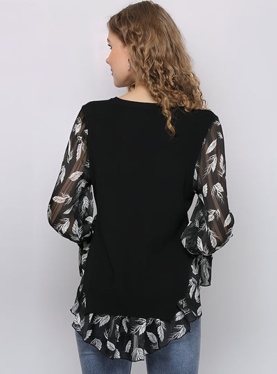 Loose Print Trumpet Sleeves Shirt