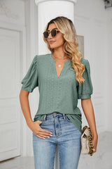 Casual V-neck Hollow Bubble Sleeve Loose T-shirt