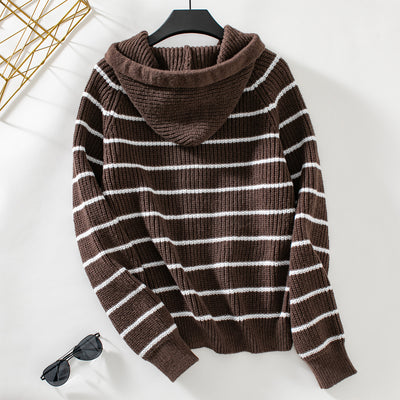 Hooded Striped Knit Cardigan Sweater