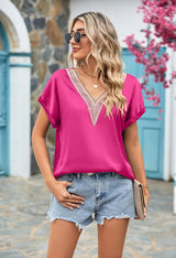 V-neck Lace Satin Short Sleeve Shirt