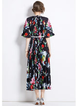 Retro Beaded Printed Pleated Dress