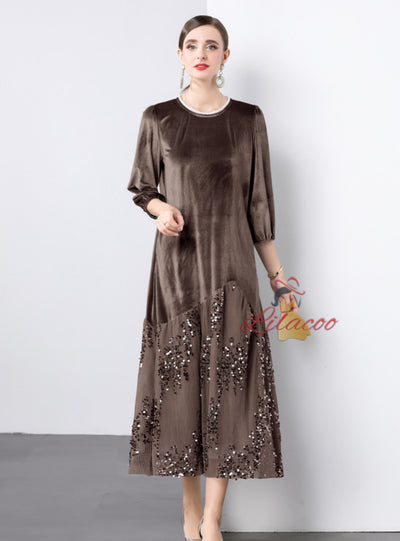 Lace Sequins Stitching Velvet Dress