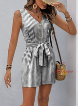 V-neck Sleeveless Striped Jumpsuit