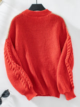 Contrasting Color Round Neck Loose Twisted Sweater