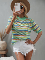 Spliced Hollow Loose Round Neck Striped Sweater