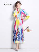 Nail Bead Printed Pleated Pearl Pleated Dress