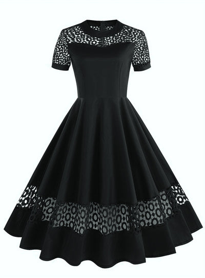 Round Neck Short Sleeve Lace Stitching Retro Dress