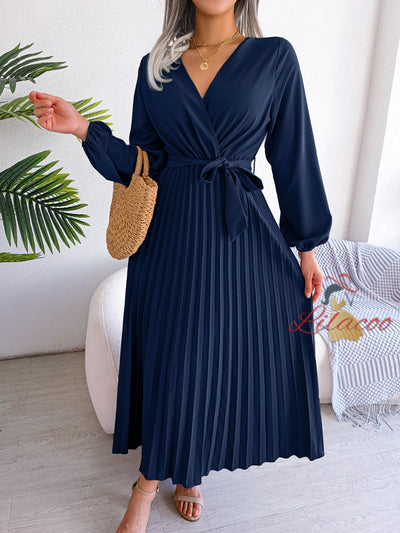 Cross V-neck Pleated Long Sleeve Dress