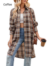 Fashion Loose Long Trench Coat Plaid Shirt