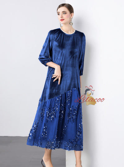 Lace Sequins Stitching Velvet Dress