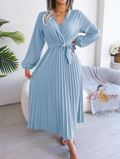 Cross V-neck Pleated Long Sleeve Dress