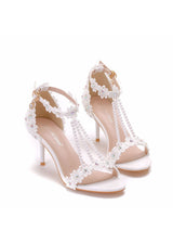 7 cm Thin Heel Beaded Lace Flower Wedding Shoes