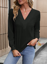 Solid Color Long Sleeve V-neck Top