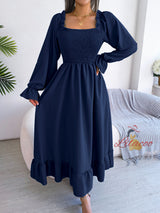 Leisure Square Collar Big Swing Long Dress