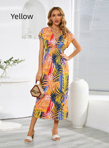 Bat Sleeve Printed V-neck Backless Dress