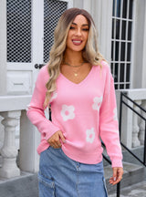 V-neck Long Sleeve Flower Sweater