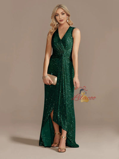 Champagne Sequins V-neck Split Prom Dress