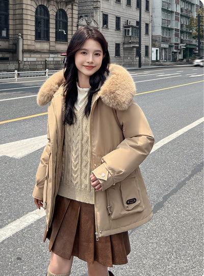 Thickened Silm Waist Hooded Cotton Coat