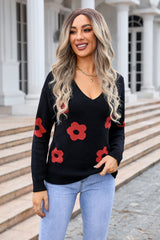 V-neck Long Sleeve Flower Sweater