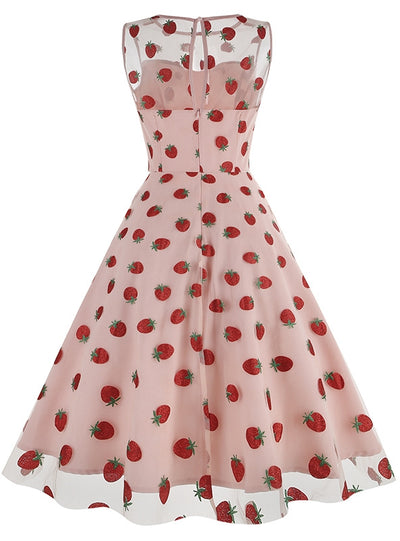 Strawberry Round Neck Gauze Retro Dress