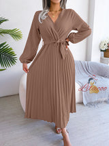 Cross V-neck Pleated Long Sleeve Dress