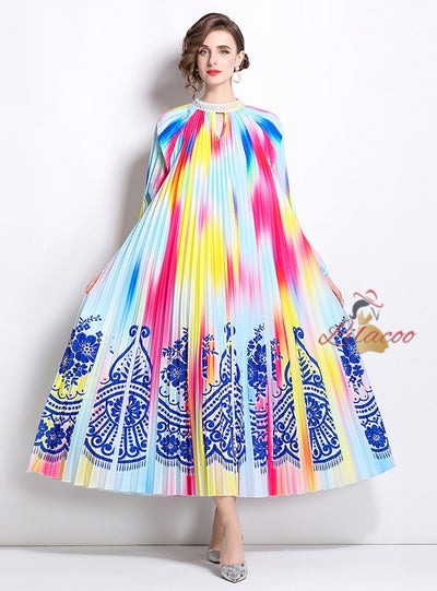 Nail Bead Printed Pleated Pearl Pleated Dress