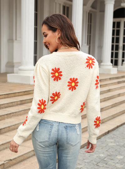 Short Daisy Round Neck Flower Sweater