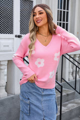 V-neck Long Sleeve Flower Sweater