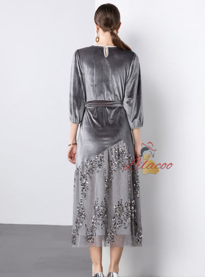 Lace Sequins Stitching Velvet Dress