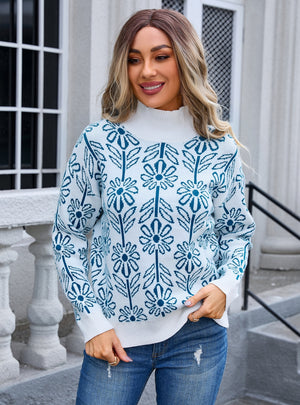 Turtleneck Flower Print Sweater