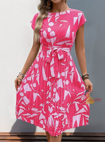 Medium and Long Geometric Printed Pleated Dress