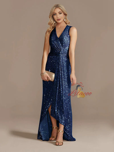 Champagne Sequins V-neck Split Prom Dress