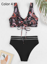 Printed Multi-color Split Sports Backless Swimsuit