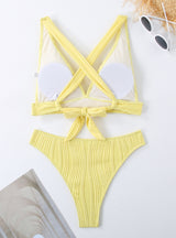 Sexy Solid Color Halter Strap Split Swimsuit